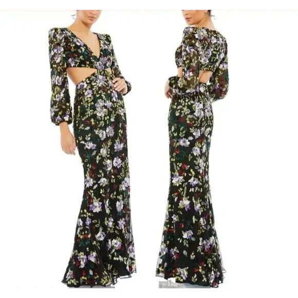 NWT MAC DUGGAL 5566 FLORAL‎ SEQUIN CUT OUT DRESS BLACK SZ 10 $598 - Picture 3 of 7